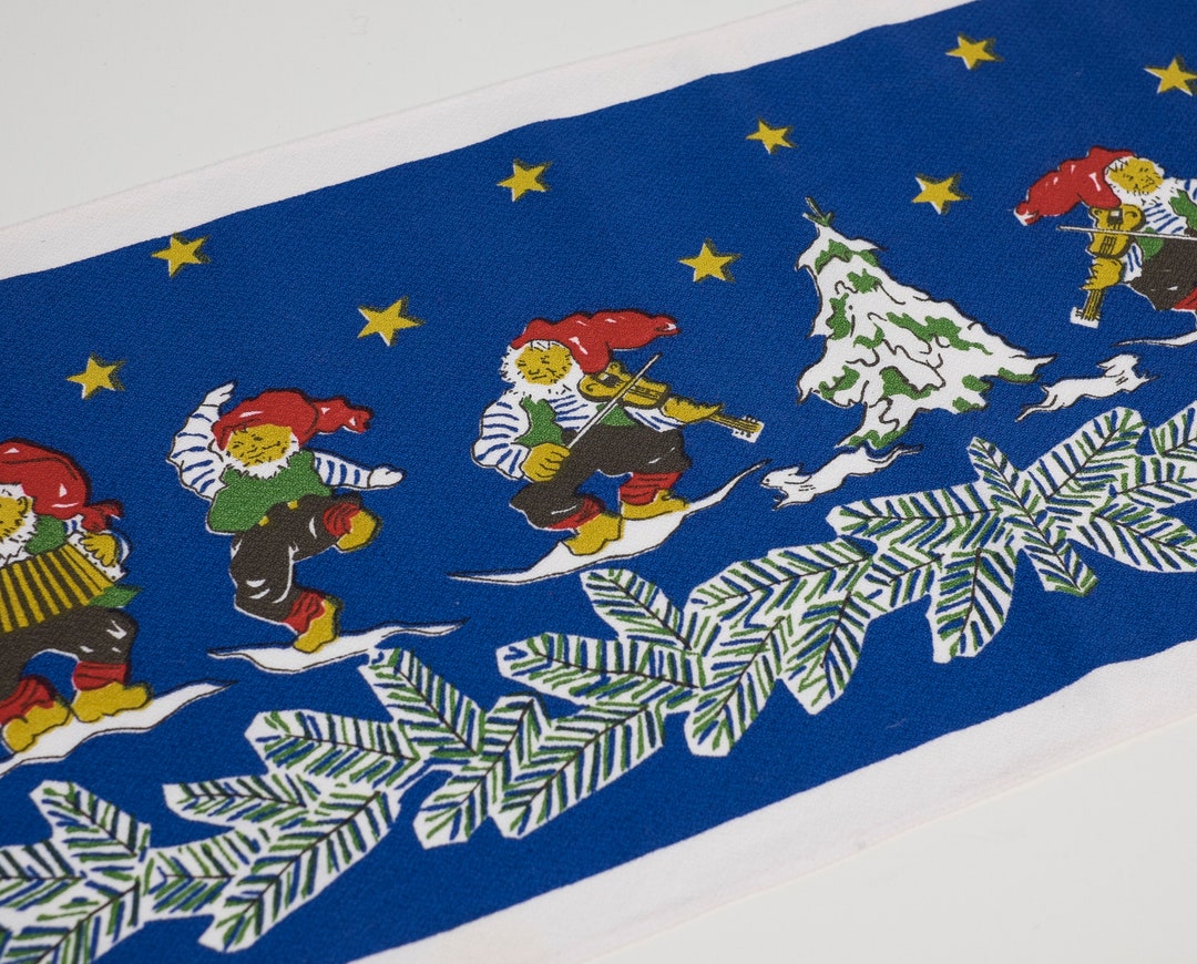 Vintage Christmas Table Runner Swedish Holiday Decorations Retro Santa