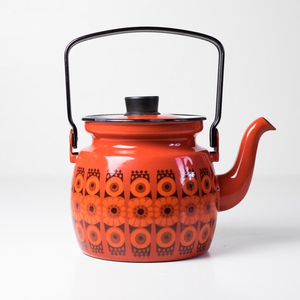 Vintage Kaj Franck Enamel Red Daisy Kettle Mid Century Modern Arabia Finel Teapot Finland Scandinavian Design Retro Kitchen