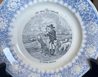 Antique Creil et Montereau Faience "Talking Plate" No.3/Le Gens du Village series