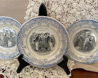 Antique 19th century Creil et Montereau Faience Set of 3 Talking plates, 5", series "Ces Bons Parisiens a La Campagne"