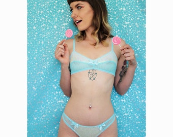 Baby Blue Sequin Bralette and Thong, Custom, Handmade, Sugar Set