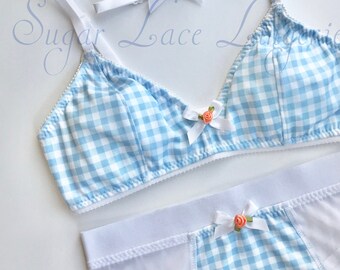 Gingham Lingerie Set, 3 piece set, Choker, Bralette and High Waist Thong, More Color Options