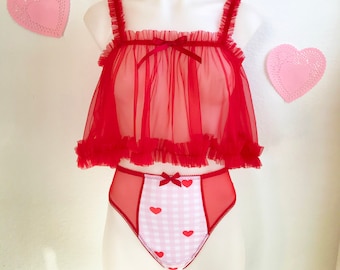 Red Nylon Babydoll Top and Gingham High Waist Thong, Valentines Lingerie