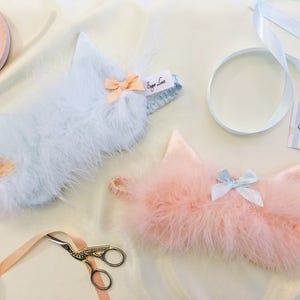 Peach and Blue Satin Sleep Cat Masks with Marabou Trim