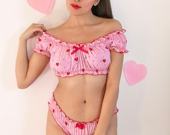 Heart Valentines Lingerie Set, Vintage Style, Heart Polka Dot Crop Top and Panty