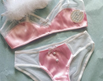 3 Piece Set- Pink, Lavender, Baby Blue or Mint Satin Bralette, Bikini Pantie, and Cat Sleep Mask