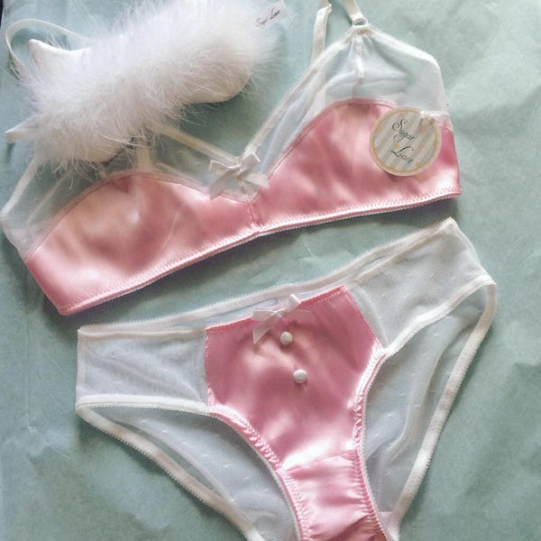 Ensemble 3 pièces - brassière en satin rose, lavande, bleu ciel ou menthe, culotte de bikini et masque de sommeil pour chat