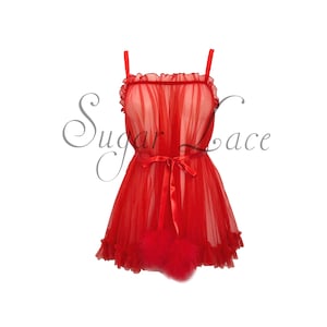 May include: A red lingerie piece with a sheer, ruffled bodice and skirt. The garment features thin straps, a satin ribbon tie at the waist, and feather accents at the hem. The text "Sugar Lace" is visible in the image.