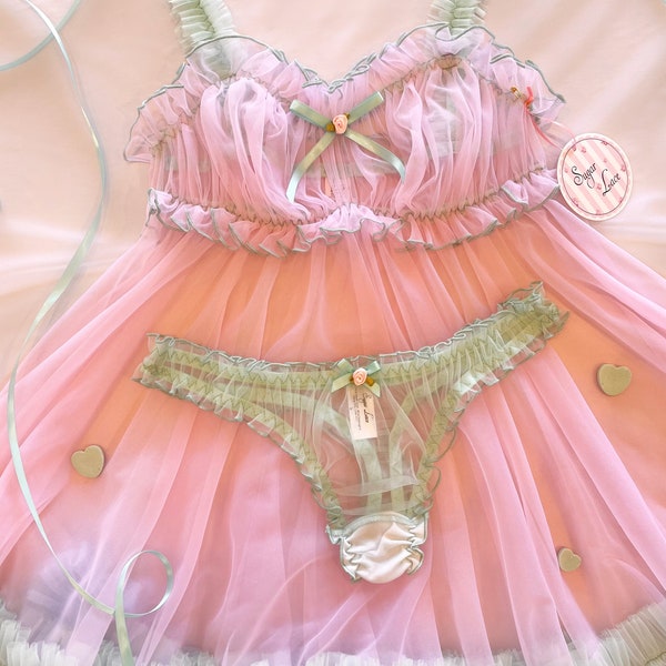 Pink Babydoll Lingerie, Vintage Style Babydoll Dress, Handmade Nightie, Ruffled Nightgown, Pastel Lingerie, Peach Babydoll Lingerie