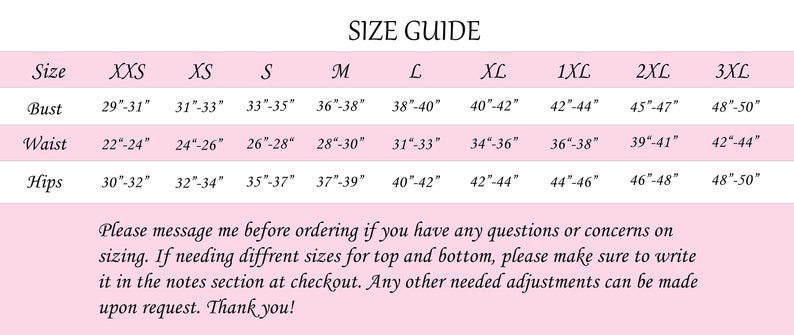 May include: A size guide chart with bust, waist, and hip measurements in inches for sizes XXS to 3XL. The chart includes text that encourages customers to message with questions and note any size adjustments.