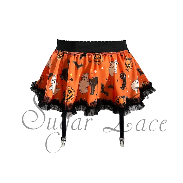 Halloween Lingerie, Halloween Print Garter Belt, Lingerie Mini Skirt, Vintage Halloween, Handmade Lingerie