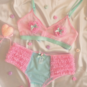 Pink and Mint Lingerie Set, Peach and Blue Lingerie Set, Pastel Bra and Undie, Ruffled Heart Bra, Ruffled Underwear