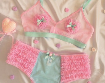 Pink and Mint Lingerie Set, Peach and Blue Lingerie Set, Pastel Bra and Undie, Ruffled Heart Bra, Ruffled Underwear