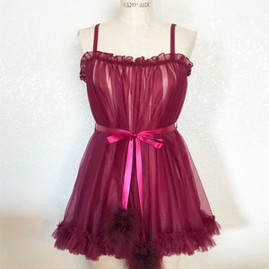 Sheer Vintage Style Babydoll, Ruffled Teddy, Maroon Nightie with Satin Ribbon Tie, Marabou Pom Poms, Vintage Teddy with Ruffles