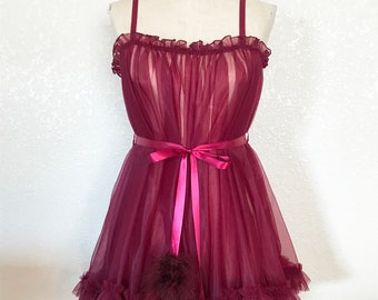 Sheer Vintage Style Babydoll, Ruffled Teddy, Maroon Nightie with Satin Ribbon Tie, Marabou Pom Poms, Vintage Teddy with Ruffles