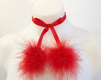 Red/Jade Ribbon Pom Pom Choker, Adjustable, Hook Closure