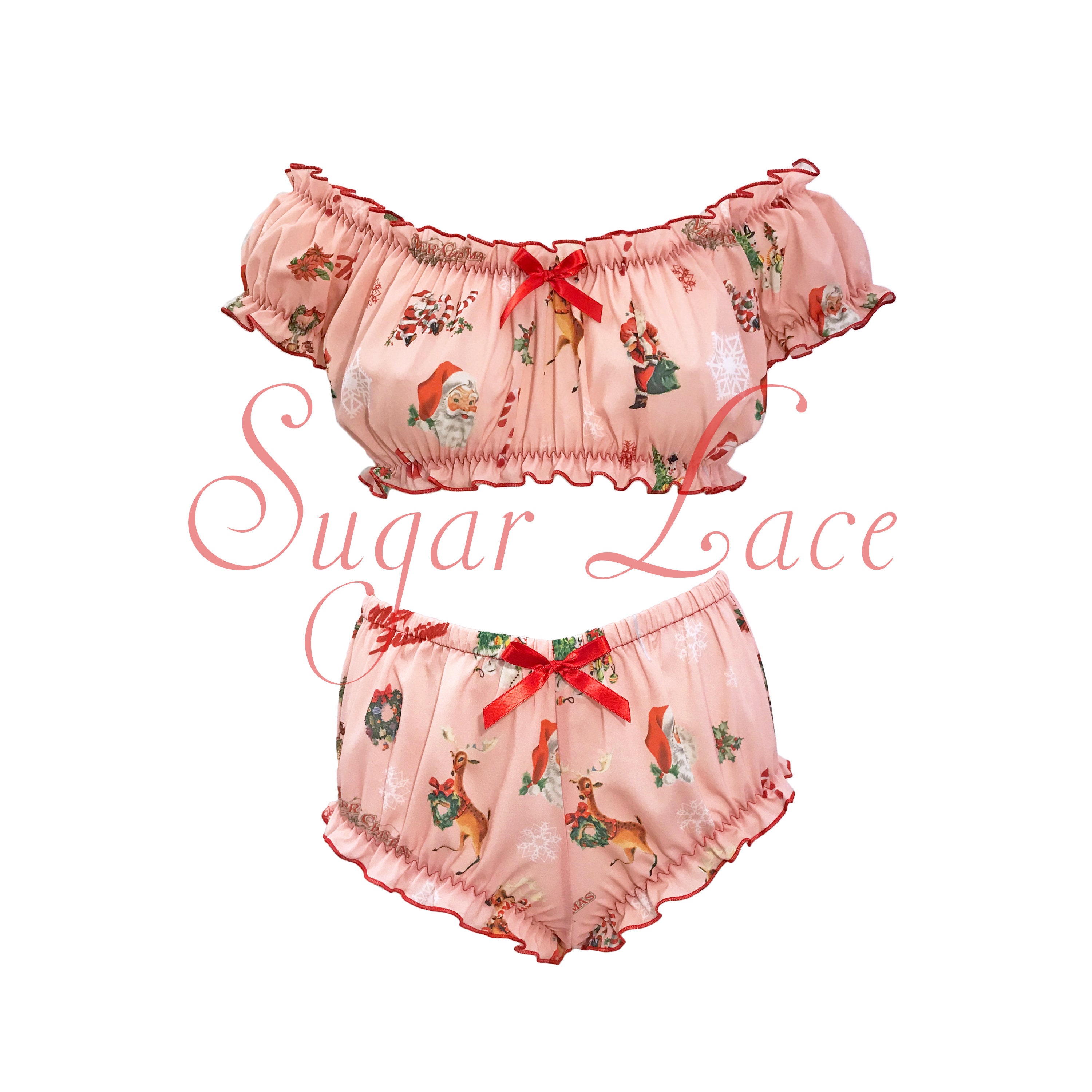 Pink Christmas Pajama Set, Off the shoulder crop top, bloomers, or shorts