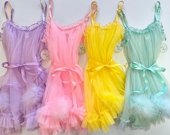 Vintage Style Babydoll Lingerie, Nylon Babydoll Dress, Pastel Teddy, Sheer Nightie, Pink Nightgown