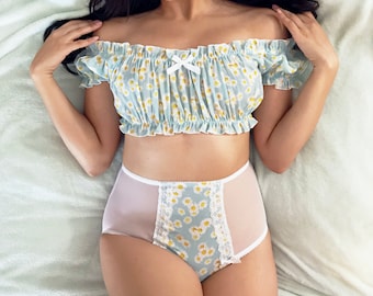 Daisy Print Crop Top and High Waist Bottoms, Summer Breeze Off the Shoulder Crop Top and Darling Daisy High Waist Knicker