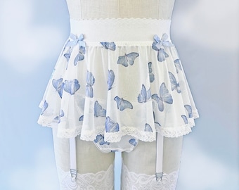 Blue Butterfly Mesh Skirt Garter and Matching Thong