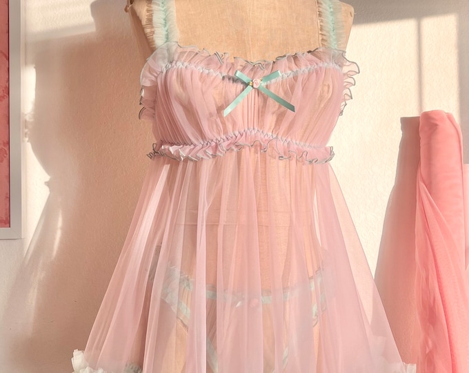 Pink Babydoll Lingerie, Vintage Style Babydoll Dress, Handmade Nightie