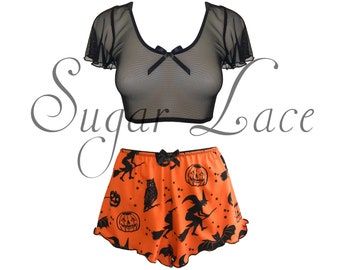 Black Mesh Crop Top and Soft Jersey Halloween Shorts, Orange or Pink