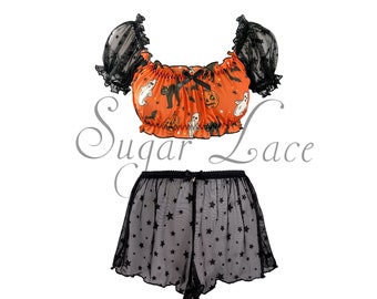 Trick-or-Treat Crop Top and Star Shorts, Halloween Print, Star Print Mesh