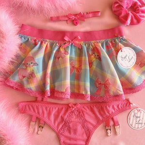 Plaid 90's Crop Top and Matching Skirt Garter Belt, Little Bo Peep Show Garter Tutu and Thong