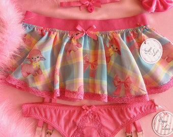 Plaid 90's Crop Top and Matching Skirt Garter Belt, Little Bo Peep Show Garter Tutu and Thong