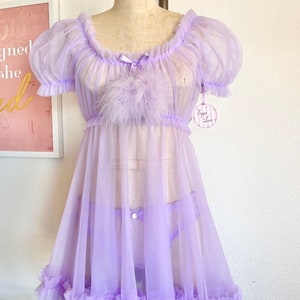 Sheer Babydoll Lingerie, Vintage Style BabydollHandmade Nightie, Ruffled Nightgown, Lingerie Set, Babydoll Dress with Matching Bottoms