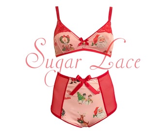 Christmas Lingerie Set Handmade, Red Lingerie, Christmas Bralette and High Waist Bottoms