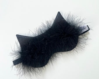 Black Satin Cat Sleep Mask, Furry Cat Mask, Fuzzy Sleep Mask