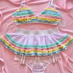 Rainbow Lingerie Set, Pastel Rainbow Bralette and Thong, Ruffled Skirt Garter Belt, Handmade Lingerie, Custom Lingerie Set