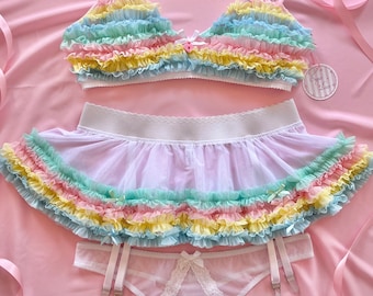 Rainbow Lingerie Set, Pastel Rainbow Bralette and Thong, Ruffled Skirt Garter Belt, Handmade Lingerie, Custom Lingerie Set