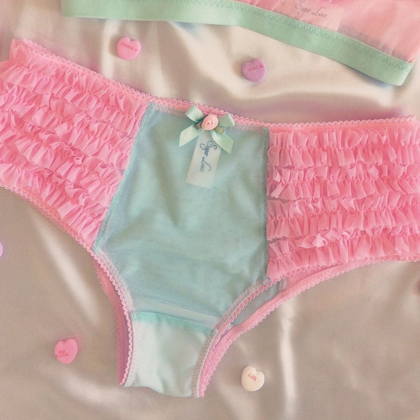 Ruffled Hipster Underwear, Pastel Lingerie, Vintage Style Bikini Underwear, Pink/ Mint, Peach/Blue, Handmade Lingerie, Underwear Only