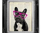 French Bulldog Art Print, Dictionary Art Print DICTIONARY Paper, HIPSTER Art Bulldog Print Geeky Art NERDY Art, Nerd Art Poster Red Glasses