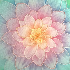 Pode incluir: Uma imagem em close-up de uma flor grande e estilizada com pétalas em camadas. As pétalas transitam de rosa suave para pêssego no centro, rodeadas por um gradiente de azul e roxo. A flor tem uma aparência texturizada com um efeito acolchoado.