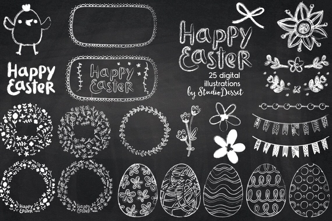 Easter Chalkboard Clipart Spring Chalk Graphics Easter Eggs Etsy
