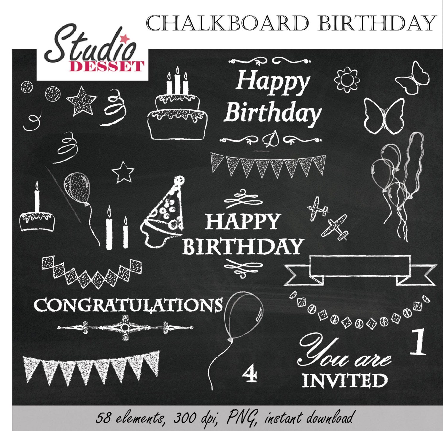 Chalkboard Clipart Birthday Chalk Happy Birthday Party Etsy