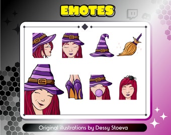 Halloween Witch Twitch Emote Pack - Cute Girl Emotes for Streamers - Twitch Chat and Sub Badges