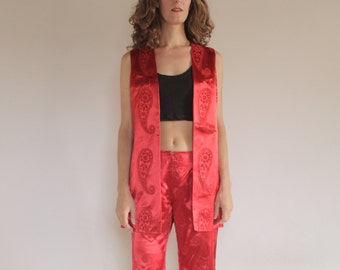 70s glam rock paisley Sergent Peppers boho RED flocked satin flared trousers and long vest, made in Italy