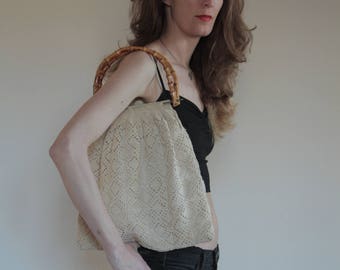 70s Hand crochet Mary Poppins purse / macrame boho hand bag / bamboo handle