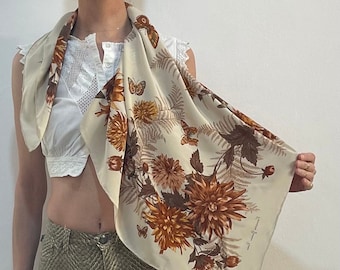 80s Silk Beige Fall Leaves And Flowers With Butterflies Scarf