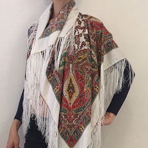 70s Fringe Silk Paisley Boho Maxi Scarf Festival Shawl