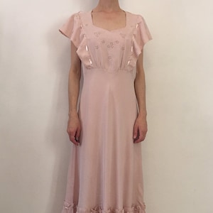 30s Bias Cut Pale Pink Rayon Hand Stitched And Embroidered Romantic Ruffled Nightgown Slip