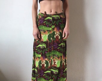 Jaren '90 Jean Paul Gaultier Egyptische lage taille Club Kid rayon jeansrok