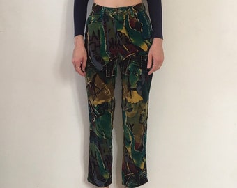 80s Kenzo Velvet Colagem Abstrata Multi Color Mom Jeans