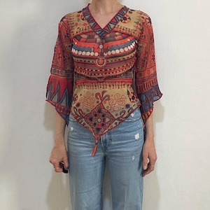 90s Jean Paul Gaultier Indian Hippy Beaded Sheer Mesh Club Kid Long Sleeve Top Bell Sleeves