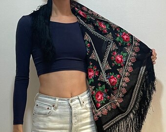 70s Fringe Wool Dark Floral Boho Flowers Scarf Stevie Nicks