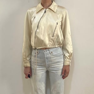 90s Claude Montana Off White Satin Padded Bomber Jacket Asymmetrical Zipper Drawstring Waist